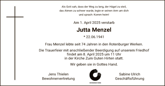 Todesanzeige von Jutta Menzel von SYK