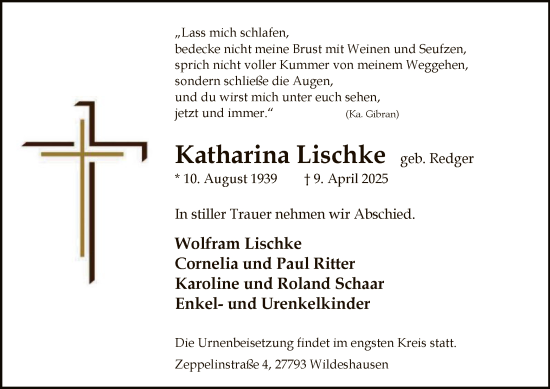 Todesanzeige von Katharina Lischke von SYK