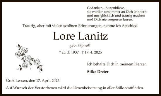 Todesanzeige von Lore Lanitz von SYK