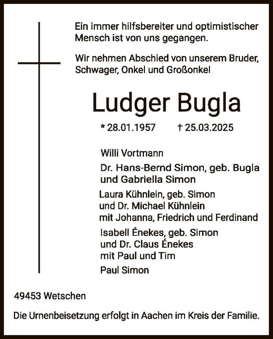 Todesanzeige von Ludger Bugla von SYK