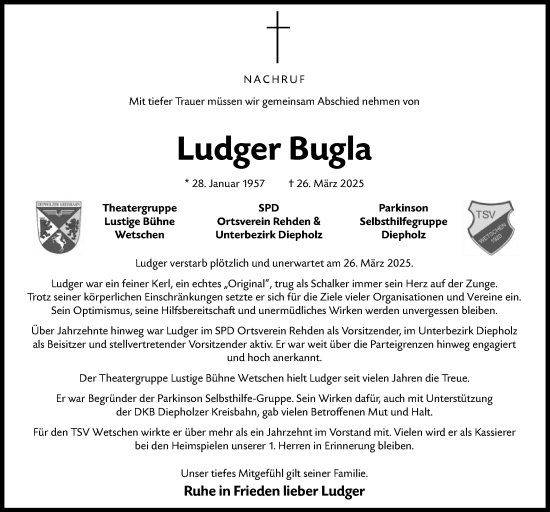 Todesanzeige von Ludger Bugla von SYK