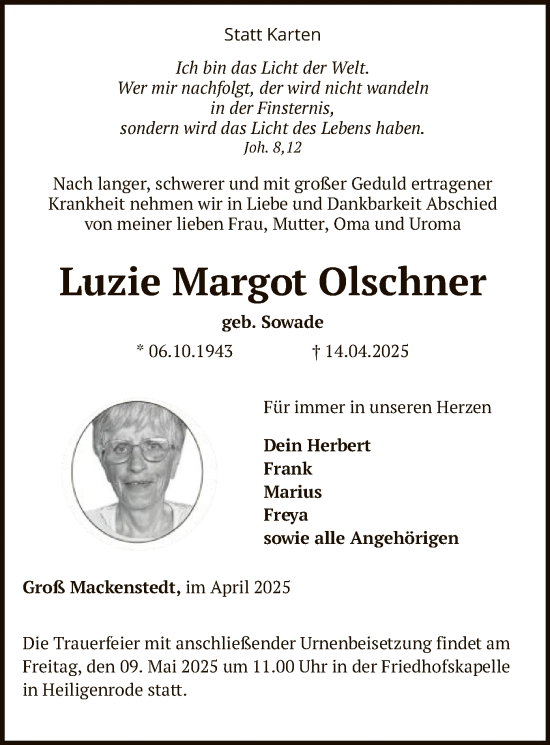Todesanzeige von Luzie Margot Olschner von SYK