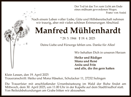 Todesanzeige von Manfred Mühlenhardt von SYK
