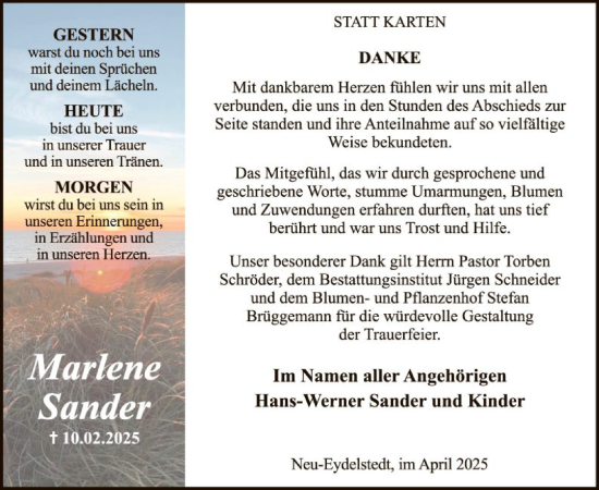 Todesanzeige von Marlene Sander von SYKSYK