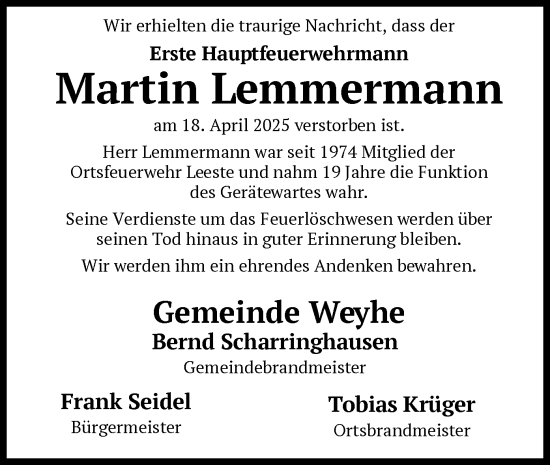 Todesanzeige von Martin Lemmermann von SYK