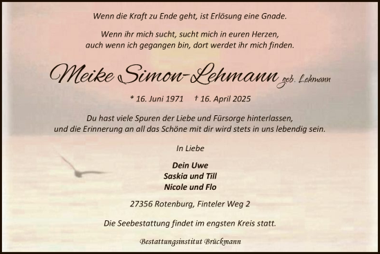 Todesanzeige von Meike Simon-Lehmann von SYK