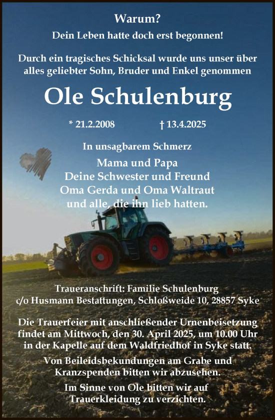 Todesanzeige von Ole Schulenburg von SYK