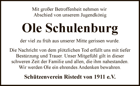 Todesanzeige von Ole Schulenburg von SYK