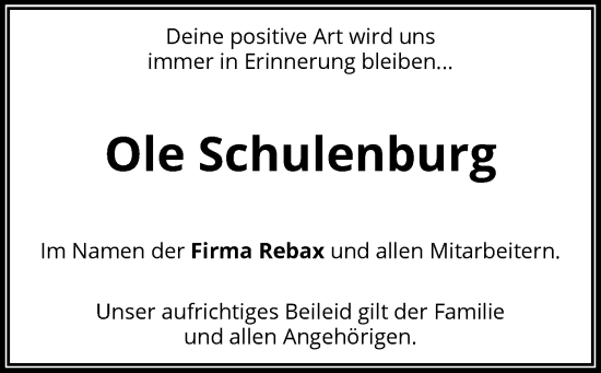 Todesanzeige von Ole Schulenburg von SYK