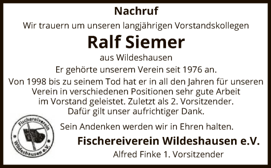 Todesanzeige von Ralf Siemer von SYK