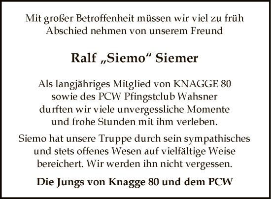 Todesanzeige von Ralf Siemer von SYK