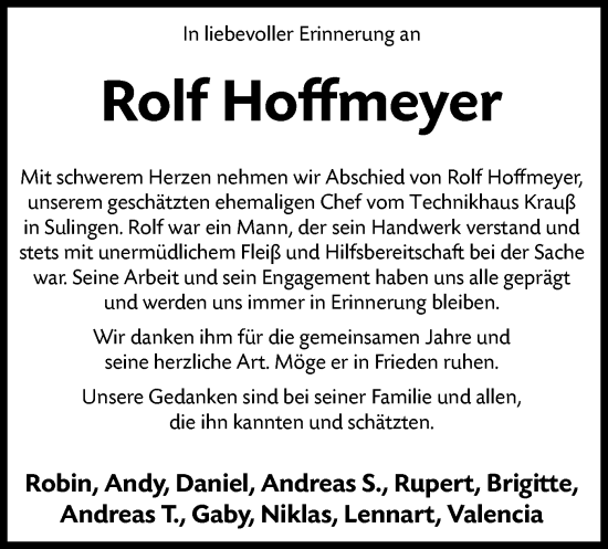 Todesanzeige von Rolf Hoffmeyer von SYK