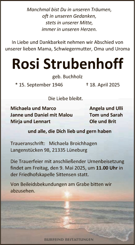 Todesanzeige von Rosi Strubenhoff von SYK