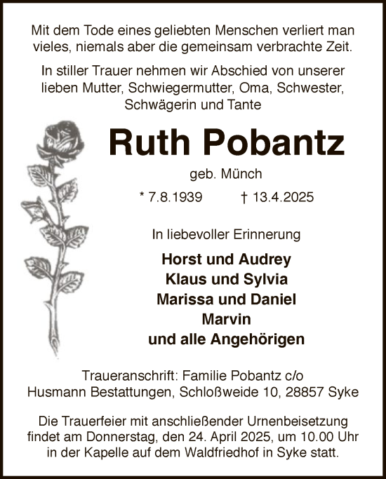 Todesanzeige von Ruth Pobantz von SYK