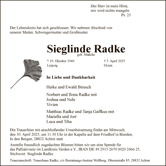 Todesanzeige von Sieglinde Radke von SYK