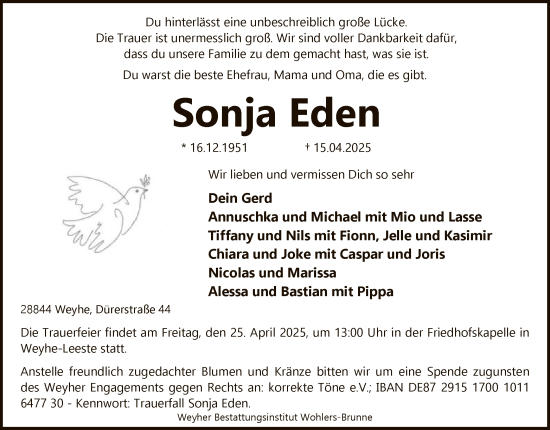 Todesanzeige von Sonja Eden von SYK