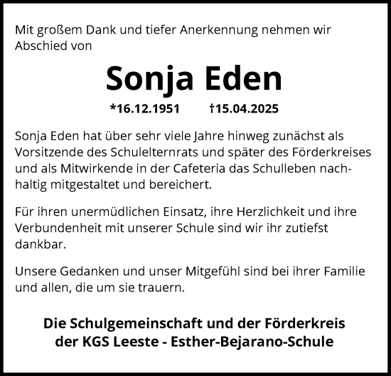 Todesanzeige von Sonja Eden von SYK