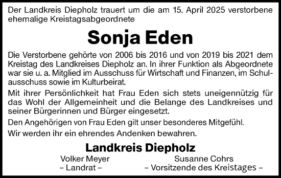 Todesanzeige von Sonja Eden von SYK