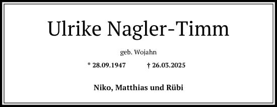 Todesanzeige von Ulrike Nagler-Timm von SYK