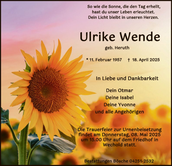 Todesanzeige von Ulrike Wende von SYKSYK