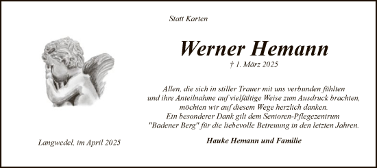 Todesanzeige von Werner Hemann von SYK