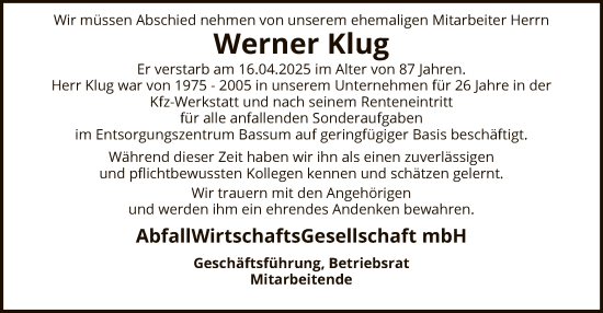 Todesanzeige von Werner Klug von SYK