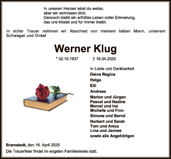 Todesanzeige von Werner Klug von SYK