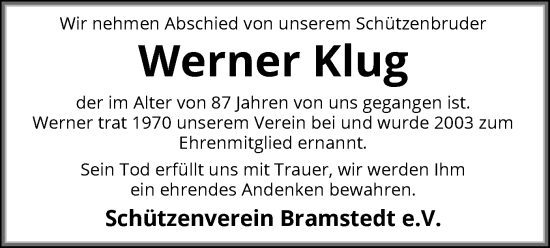 Todesanzeige von Werner Klug von SYK