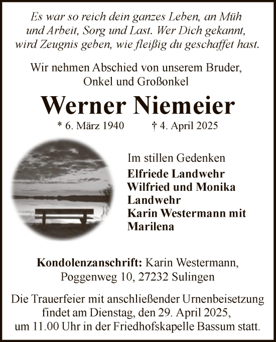 Todesanzeige von Werner Niemeier von SYK