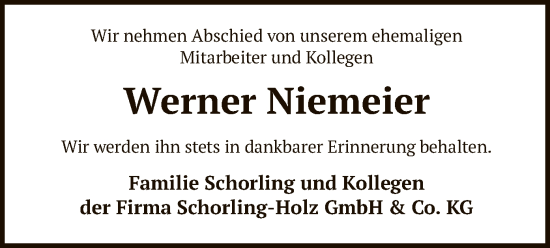 Todesanzeige von Werner Niemeier von SYK