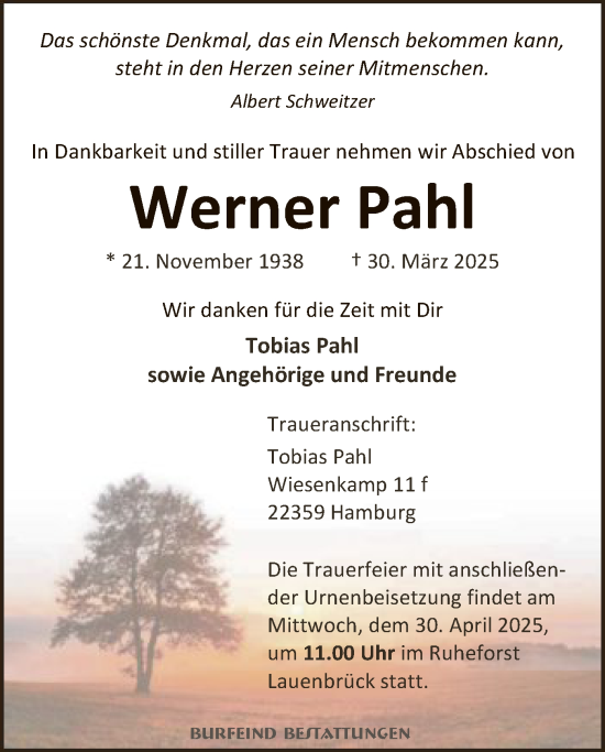 Todesanzeige von Werner Pahl von SYK