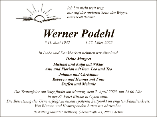 Todesanzeige von Werner Podehl von SYK