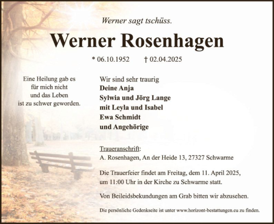Todesanzeige von Werner Rosenhagen von SYKSYK