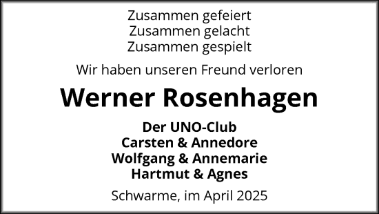 Todesanzeige von Werner Rosenhagen von SYK