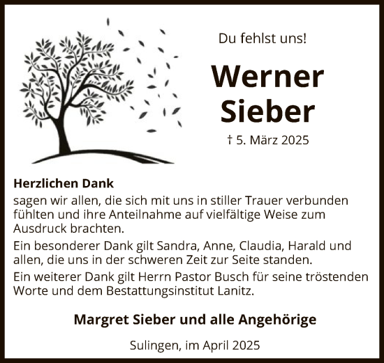 Todesanzeige von Werner Sieber von SYK