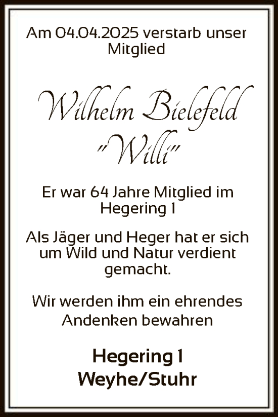 Todesanzeige von Wilhelm Bielefeld von SYK