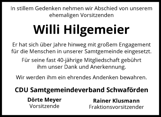 Todesanzeige von Willi Hilgemeier von SYK