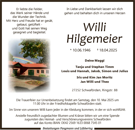 Todesanzeige von Willi Hilgemeier von SYK