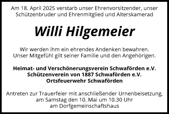 Todesanzeige von Willi Hilgemeier von SYK