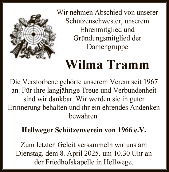 Todesanzeige von Wilma Tramm von SYK
