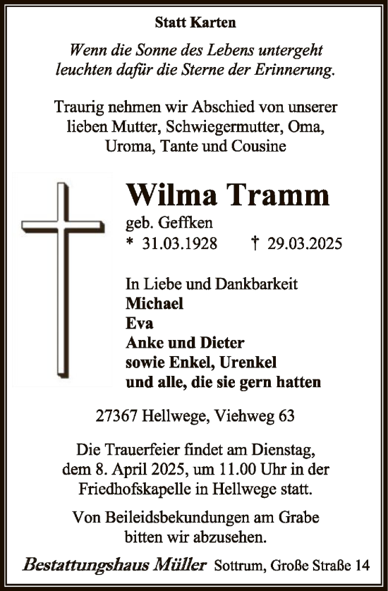 Todesanzeige von Wilma Tramm von SYK