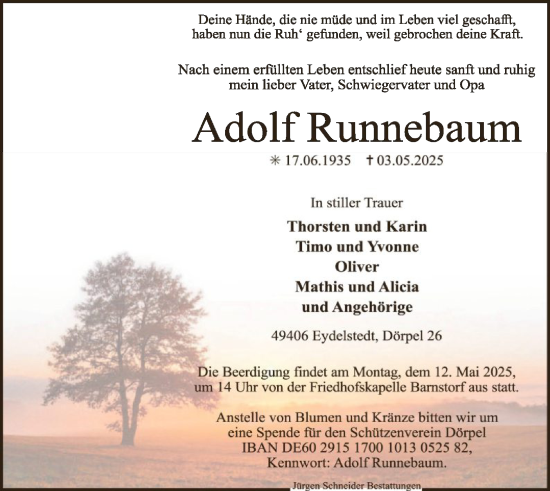 Todesanzeige von Adolf Runnebaum von SYK