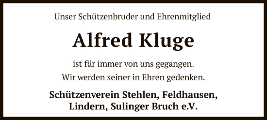 Todesanzeige von Alfred Kluge von SYKS