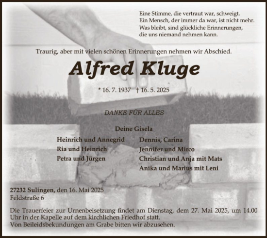 Todesanzeige von Alfred Kluge von SYKS