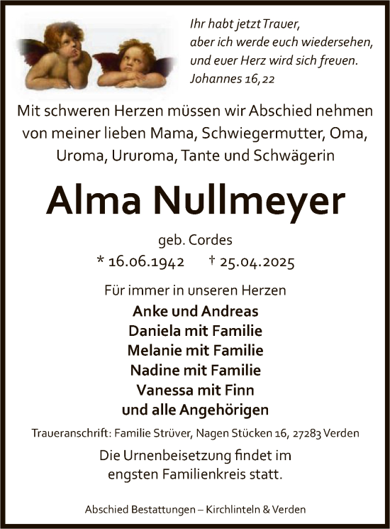 Todesanzeige von Alma Nullmeyer von SYK