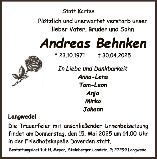 Todesanzeige von Andreas Behnken von SYK