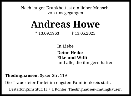Todesanzeige von Andreas Howe von SYKS