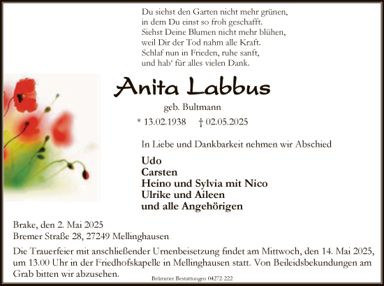 Todesanzeige von Anita Labbus von SYKSYK