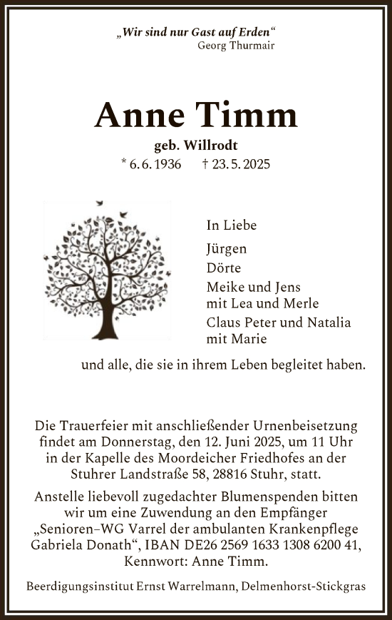 Todesanzeige von Anne Timm von SYKS