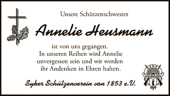 Todesanzeige von Annelie Heusmann von SYKS